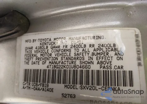 2001 Toyota Camry Ce/Le/Xle из США, поврежденный, VIN 4T1BG22K01U804660